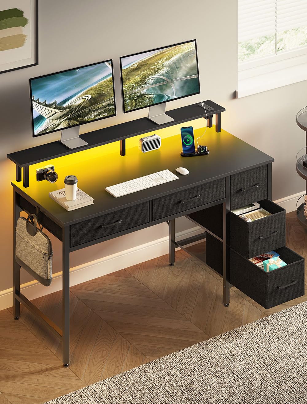Seventable Computer Desk with Power Outlets & LED Lights, 47 inch Office Desk with Keyboard Tray & 5 Drawers, PC Desk/Work Desk/Computer Table for Home Office, Black