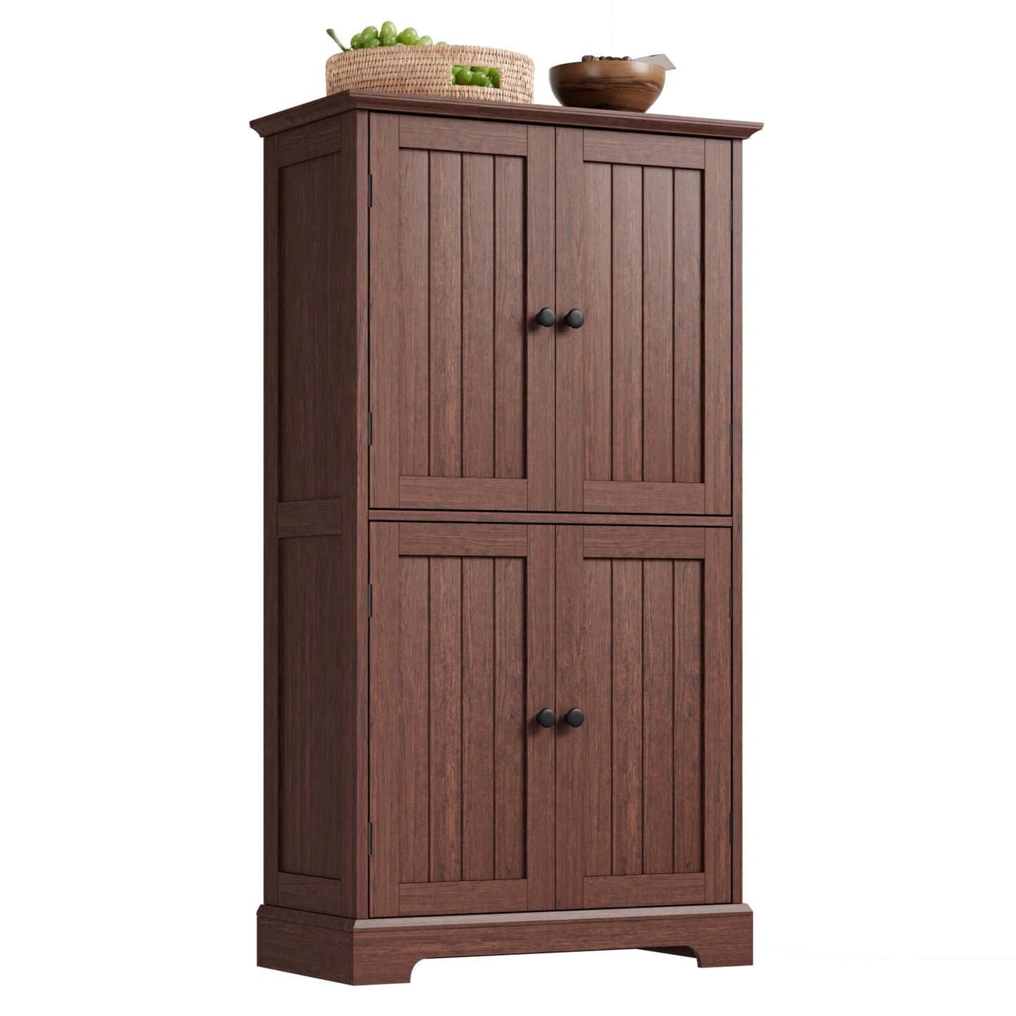ChooChoo Bathroom Floor Cabinet, Farmhouse Bathroom Storage Cabinet with 4 Doors and Adjustable Shelves, Pantry Cabinet for Living Room, Kitchen, Walnut