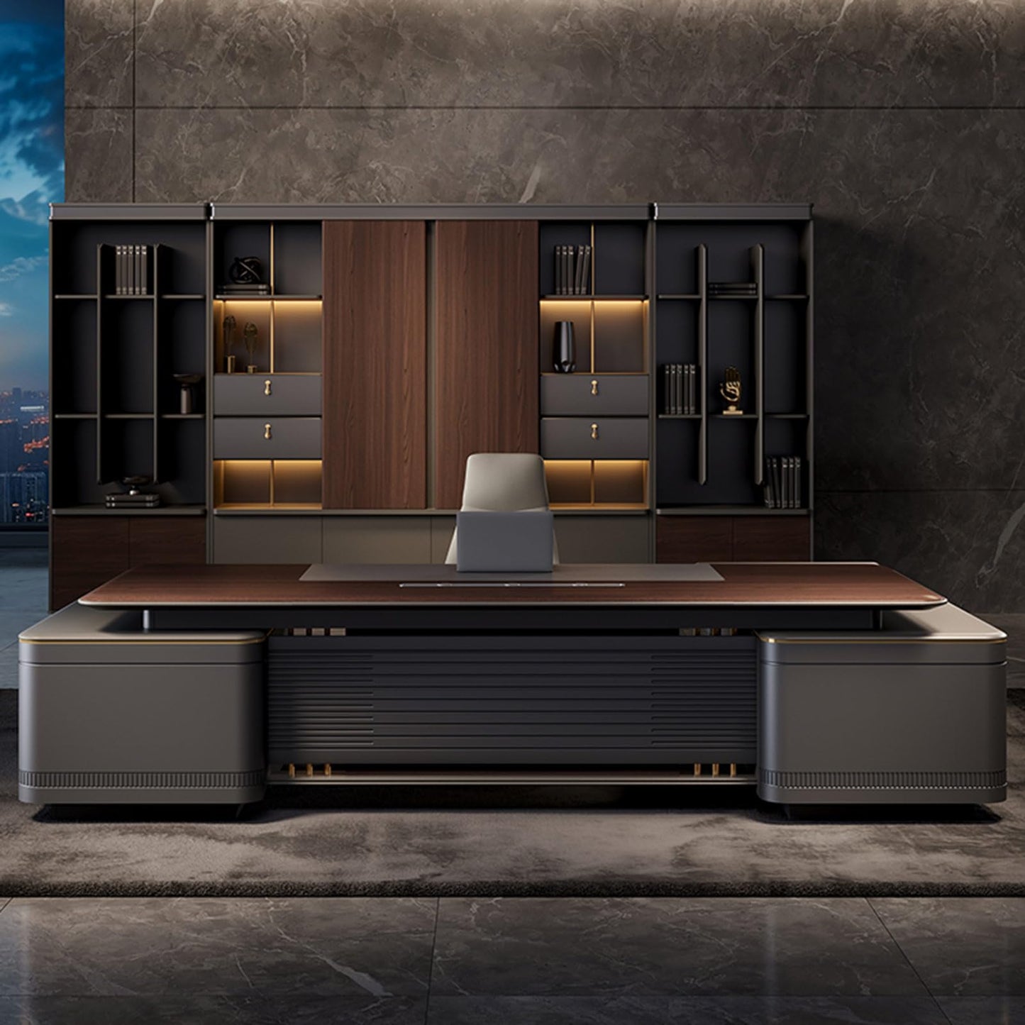 LSIGHTUS 94" Wood Brown Executive Office Desk Computer Desk with File Drawers Writing Study Table Business Furniture Set for Home Office