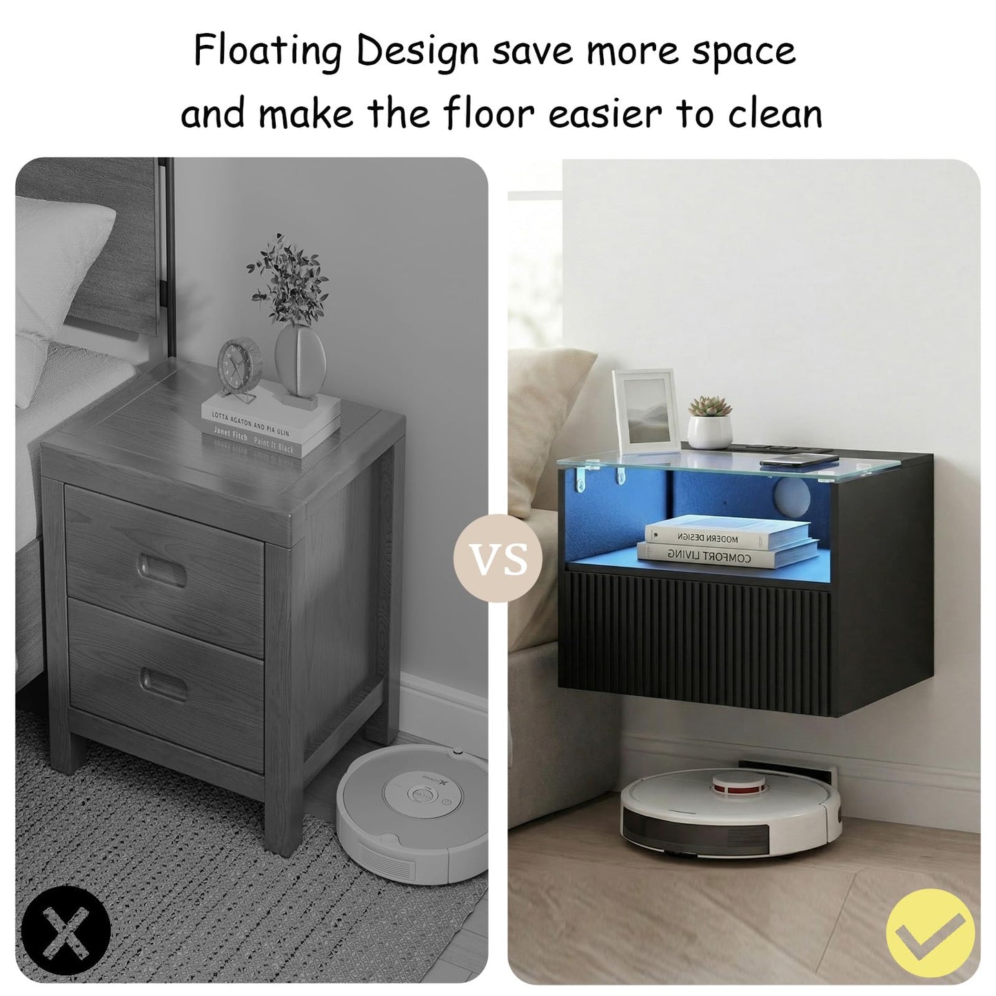 Arbuxzuy Floating Nightstand Set of 2 with Charging Station, Modern Wall Mounted Bedside Table with Drawer & Open Shelf, Made of Minimalist Wood & Glass for Bedroom (Black)