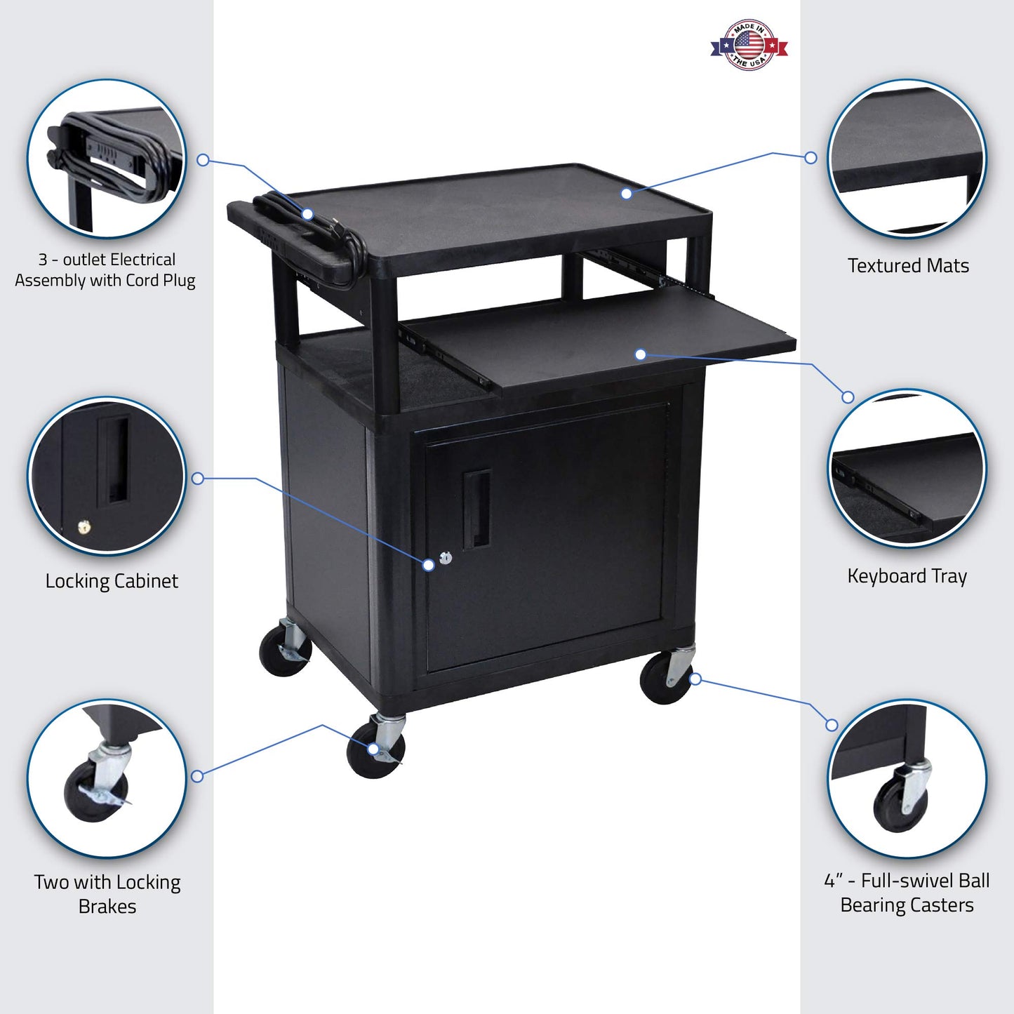 LUXOR LP34CLE-B AV Cart - 3 Shelves Cabinet Front Pullout