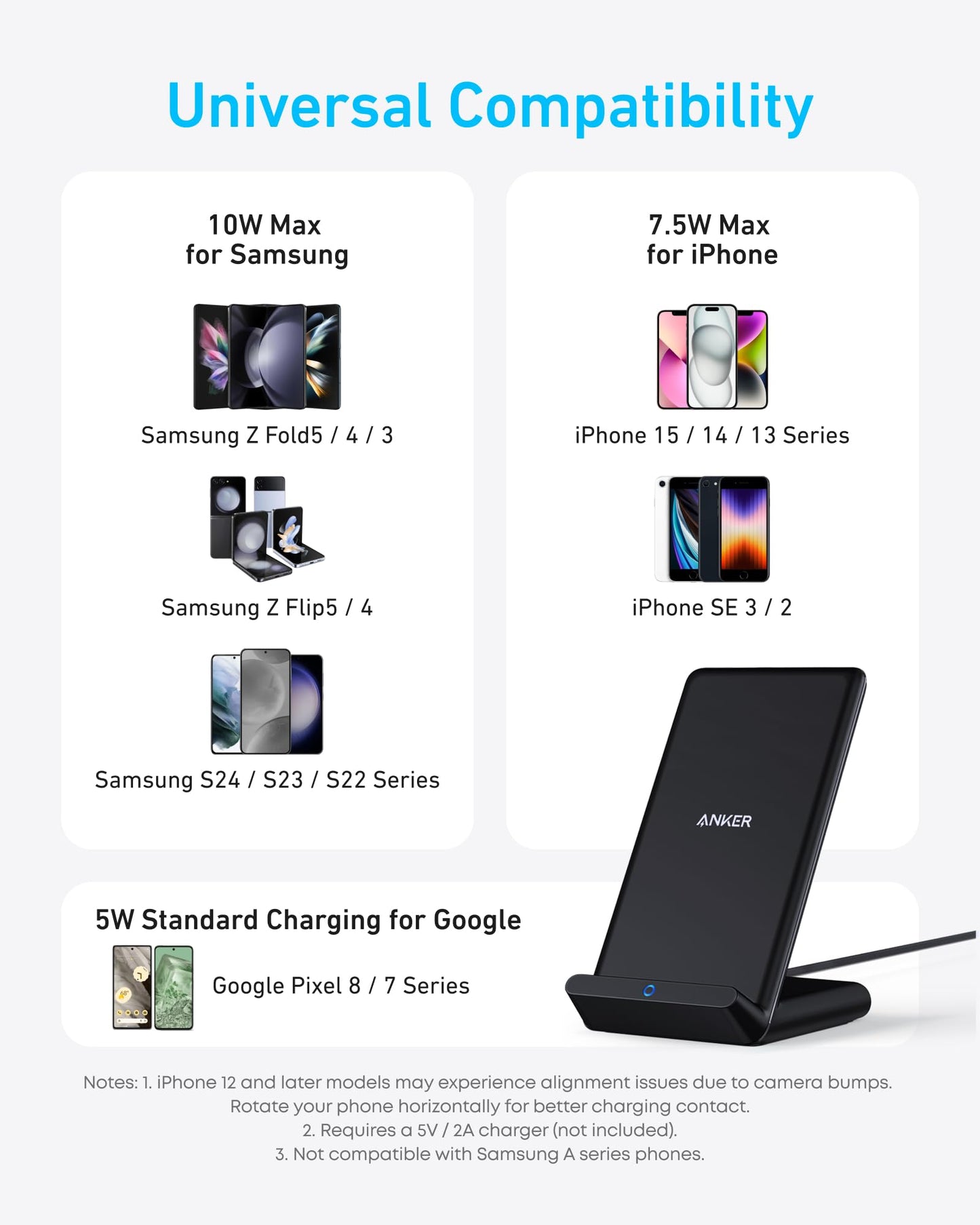 Anker 313 Wireless Charger (Stand), Qi-Certified for iPhone 15/14 / 13/12 / 11 / X / 8, 10W Max for Galaxy S23 / S22 / S21, Micro-USB (9V / 2A Adapter Required, Not Included)