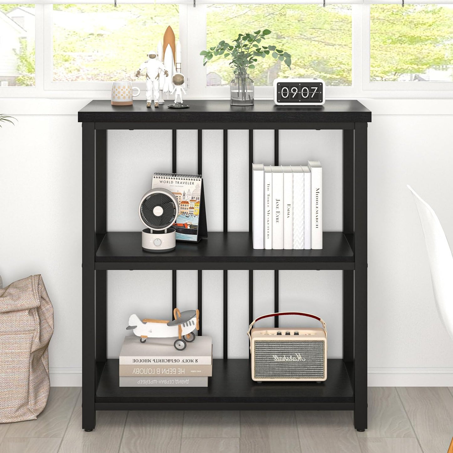 FOLUBAN Bookshelf, Modern 3 Tier Bookcase, Wood and Metal Book Shelves for Living Room Office Bedroom, Rustic Black Oak