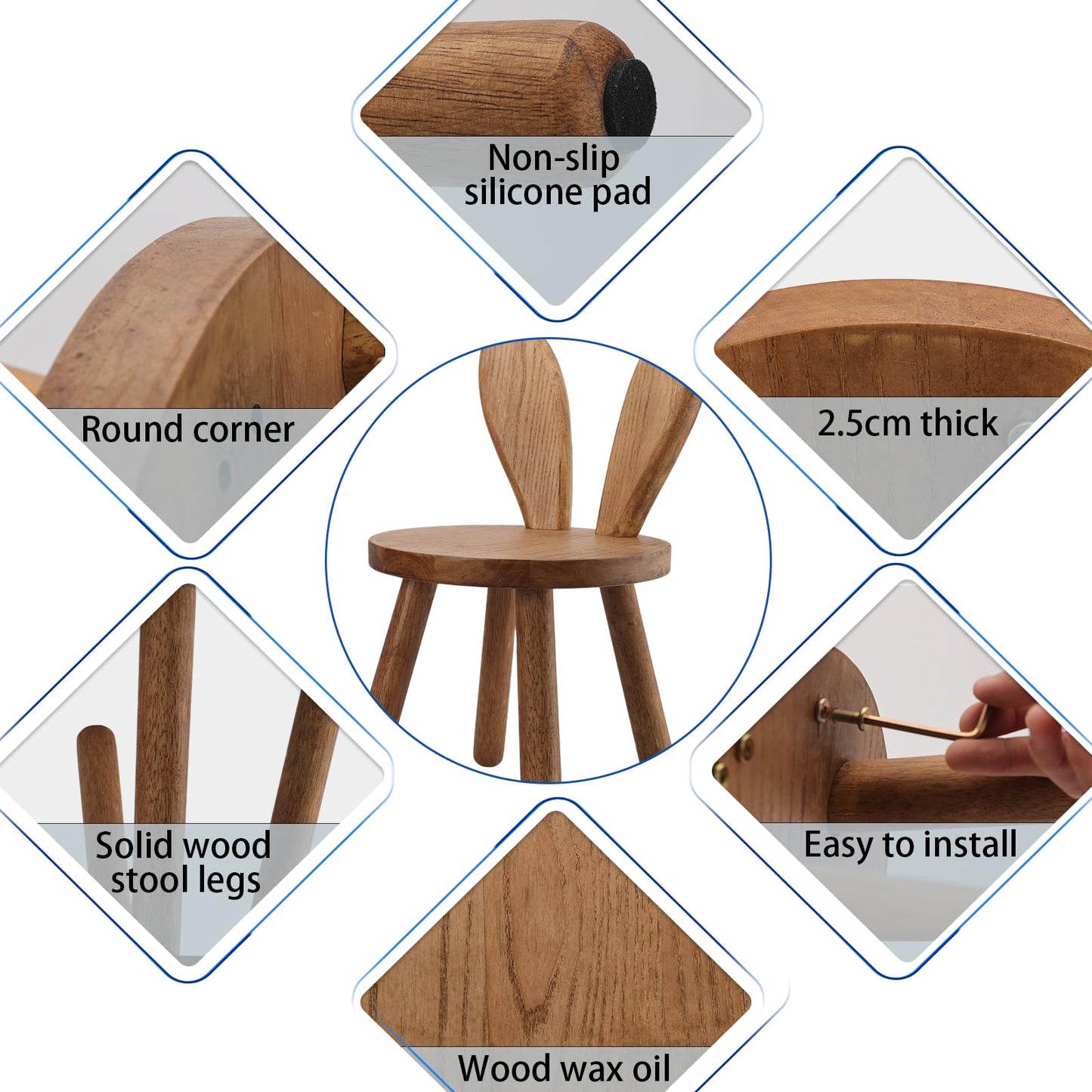 Wooden Step Stool for Toddlers, 2-in-1 Kids Chair & Desk Seat, Solid Rubberwood Bunny Ears Backrest, Wood Wax Oil Finish,CPC Certified Sturdy Seating for Playroom Classroom Nursery, Walnut（1 Pack）
