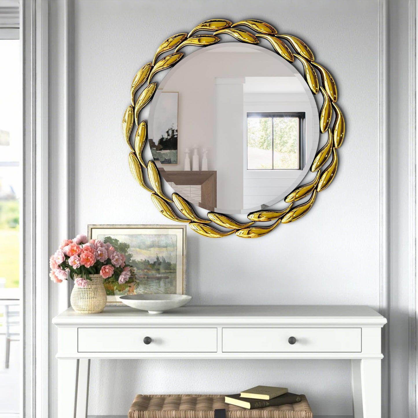 Scoffee 24 Inch Gold Round Wall Mirror Decorative Circle Bathroom Vanity Mirror Wall Mounted Mirrors for Living Room Bedroom Entryway