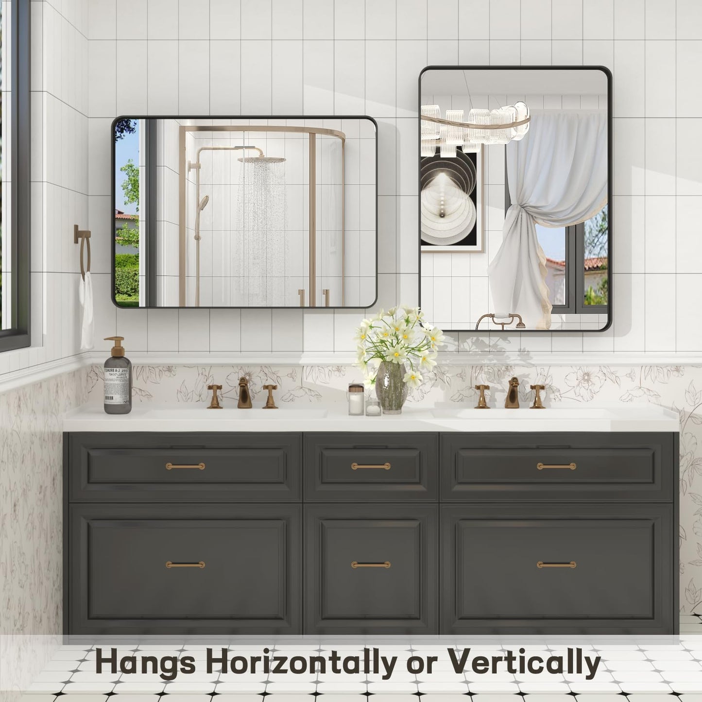 VANLIO 28x36 Inch Black Framed Bathroom Mirror for Wall, Matte Black Metal Frame Mirror, Rounded Rectangle Mirror, Anti-Rust, Shatterproof (Horizontal/Vertical)