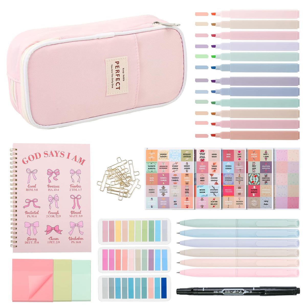 Gorsbark Bible Journaling Kit for Women, Bible Study Supplies Set with No Bleed Highlighters, Pens, Tabs, Notebook, Pencil Case, Christian Gifts for Women, Beginners, Students, Bible Study kit (Pink)