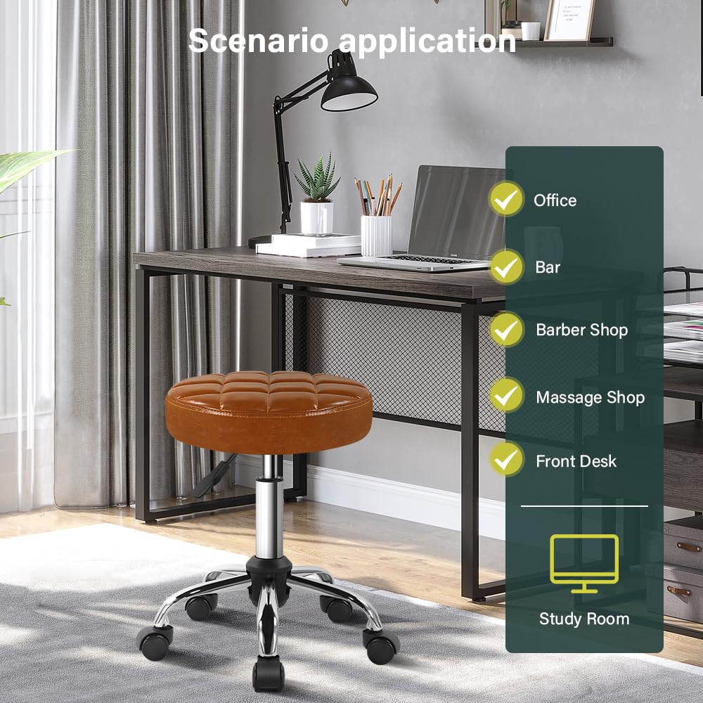 BFTOU Classic Swivel Stool with Wheel for Salon Work Home SPA Shop Height-Adjustable and Cost-Effective Rolling Stool Chair Small (Brown)