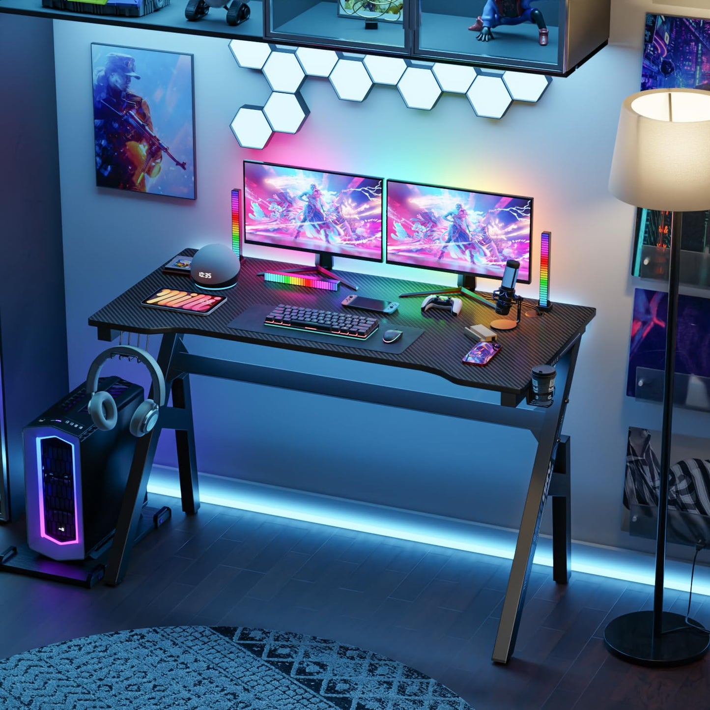 BestOffice | 47" Gaming Desk | Black & Blue | Carbon Fiber Textured Computer Desk | Sturdy Steel Frame,Cup Holder, Headphone Hook, Cable Management Holes, Adjustable Leg Pads | for Gamers,Home,Office
