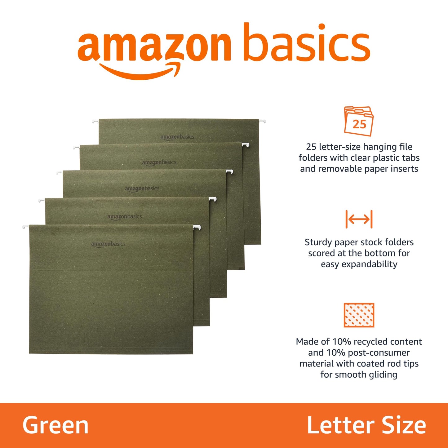 Amazon Basics Hanging File Folders with Adjustable Tabs, Sturdy Expandable Document Organizer, Letter Size 8.5x11 inch, Green, 25-Pack