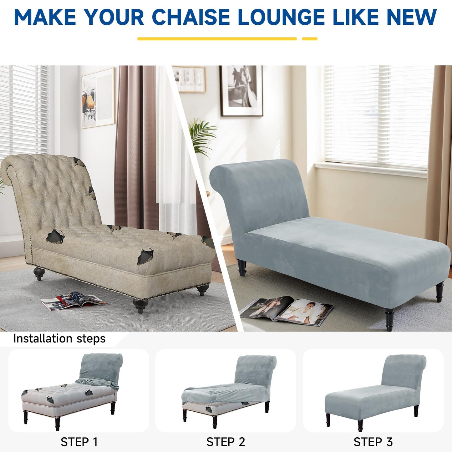 Velvet Chaise Lounge Cover Indoor Armless Chaise Slipcover Luxury High Stretch Ultra Soft Lounge Chair Covers Modern Machine Washable Chair Cover for Living Room Bedroom Furniture, Light Grey