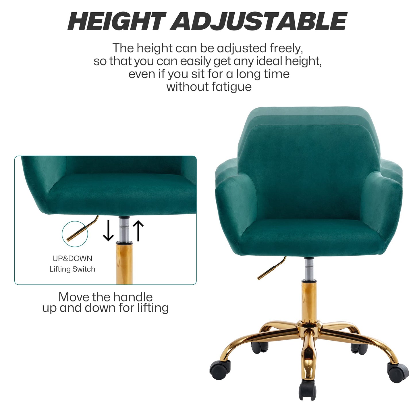 KCC Velvet Office Desk Chair, Comfy Swivel Modern Leisure Armchair with Wheels, Upholstered Comfy Velvet Fabric Makeup Chair Height Adjustable for Teens Women Girls Elegant Home Office, Green