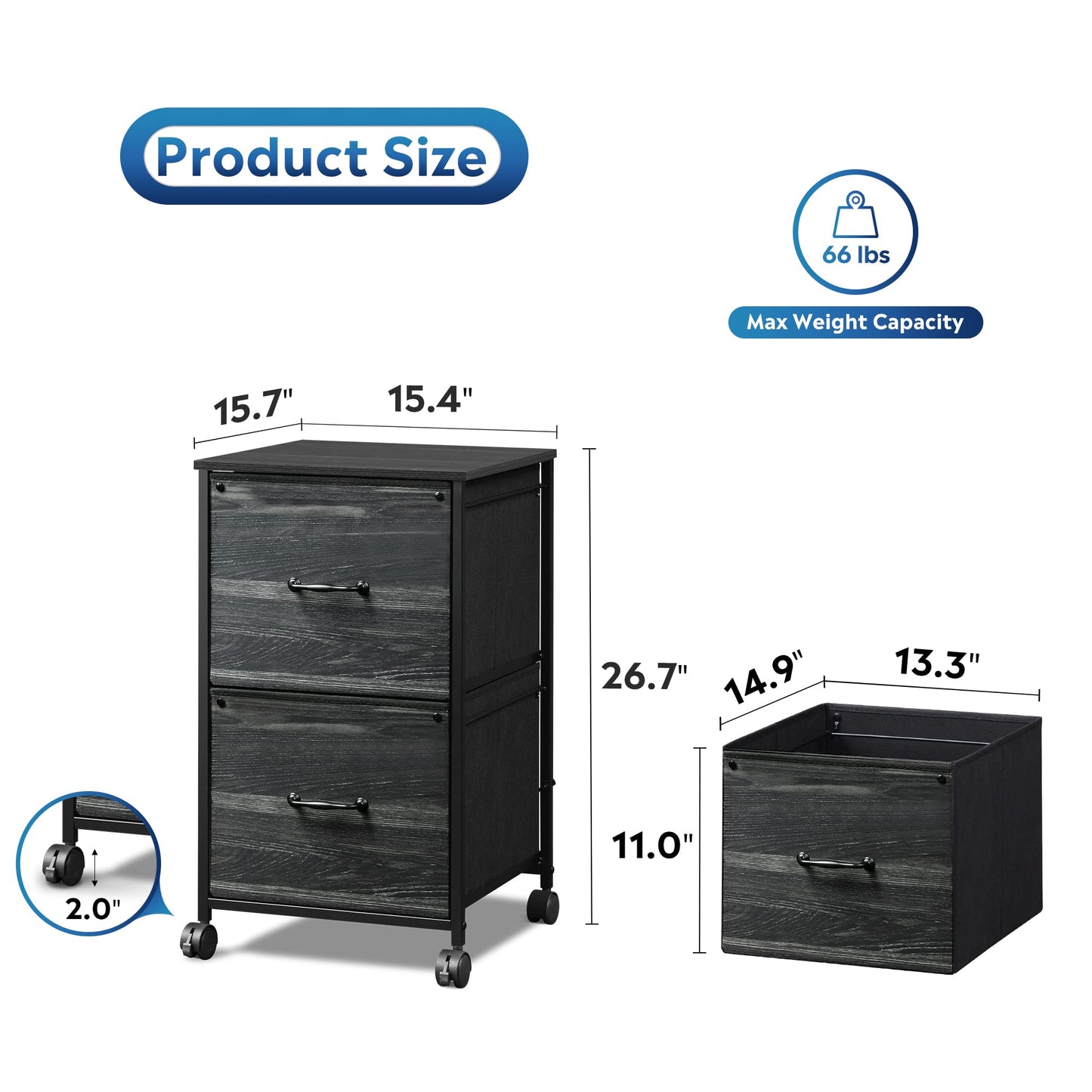 DEVAISE 2 Drawer Mobile File Cabinet, Rolling Printer Stand, Fabric Vertical Filing Cabinet fits A4 or Letter Size for Home Office, Charcoal Black Wood Grain Print
