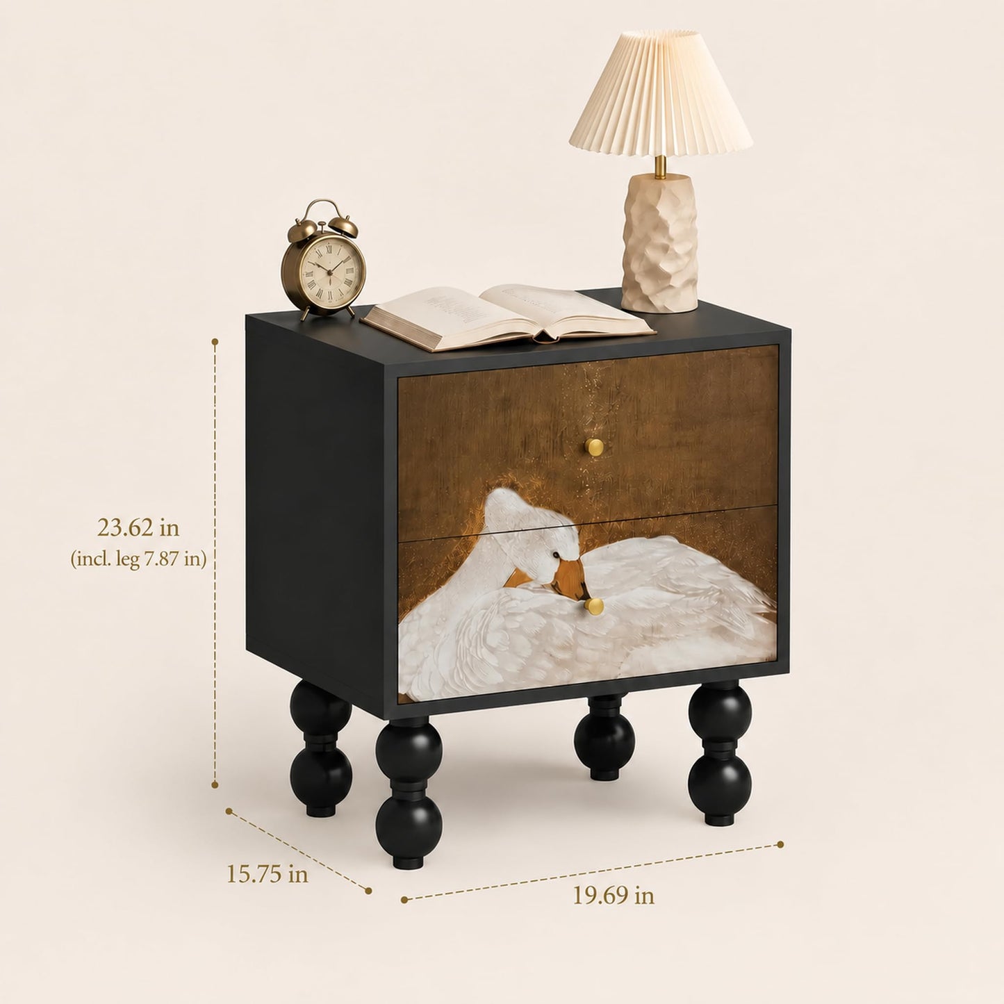 Pine Wood Art Panel Nightstand with Swan Art Pattern, 2 Drawer Turned Legs Bedside Table, Easy Assembly Artistic Bedroom Storage Cabinet
