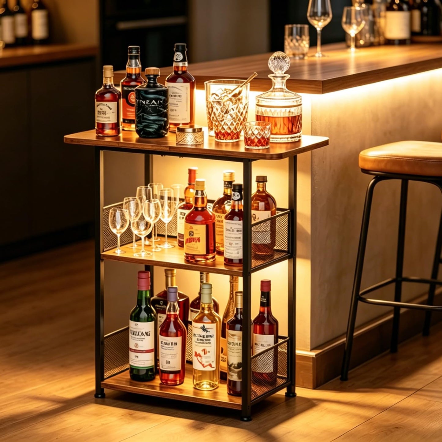 Eyteenokk Freestanding Wine Rack,3-Tier Small Mini Bar Table Liquor Cabinet with T-Shaped Countertop,Rustic Wood Metal Floor Wine Bottle Storage Stand for Home Bar Corner-23.62 x 9.44 x 27.67inches