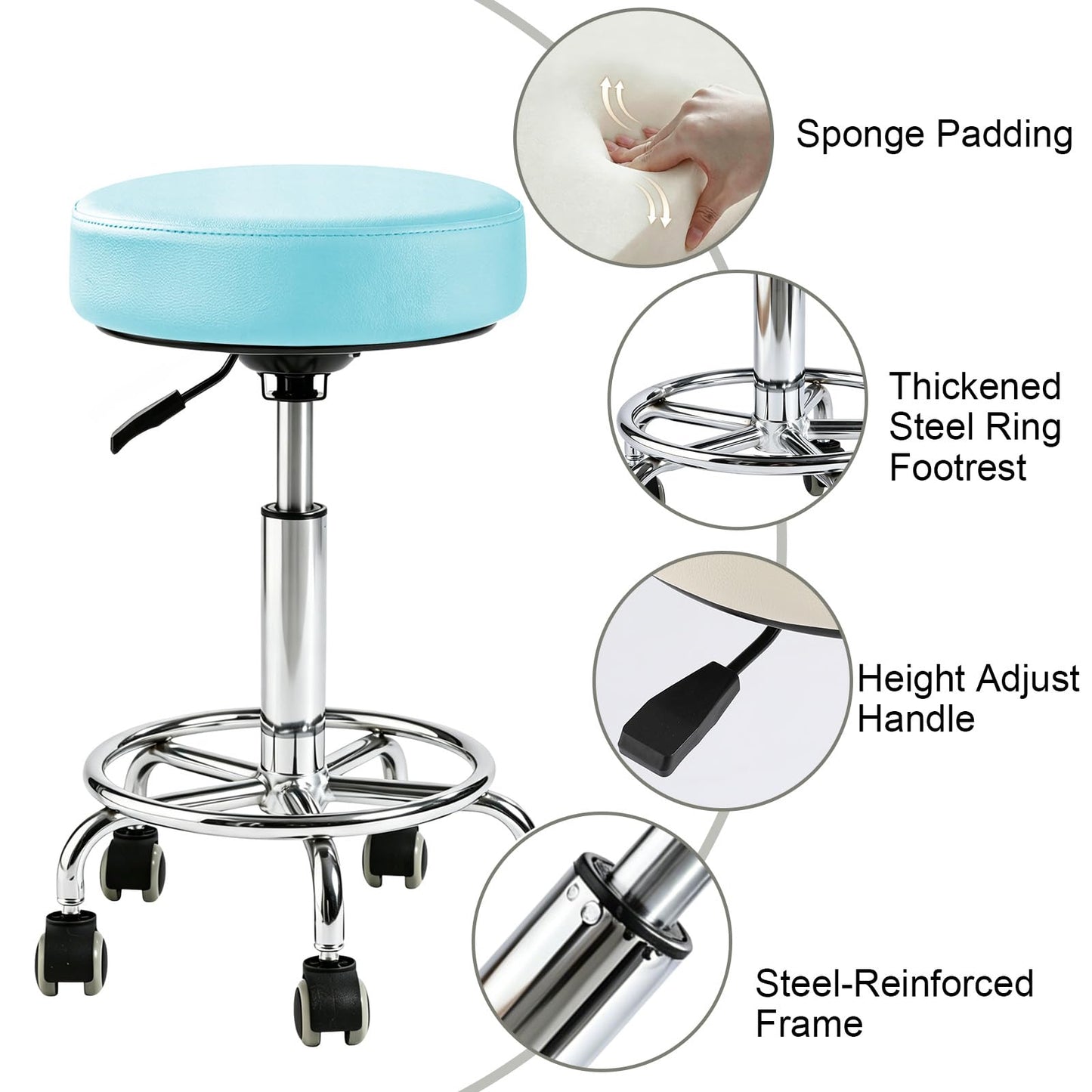 Rolling Stool with Wheels, Comfort Cushion Professional Swivel Drafting Stool, Height Adjustable Heavy Duty 500 lb Stool with Silent Casters and Foot Ring for Salon Tattoo Clinic Home Office,Blue