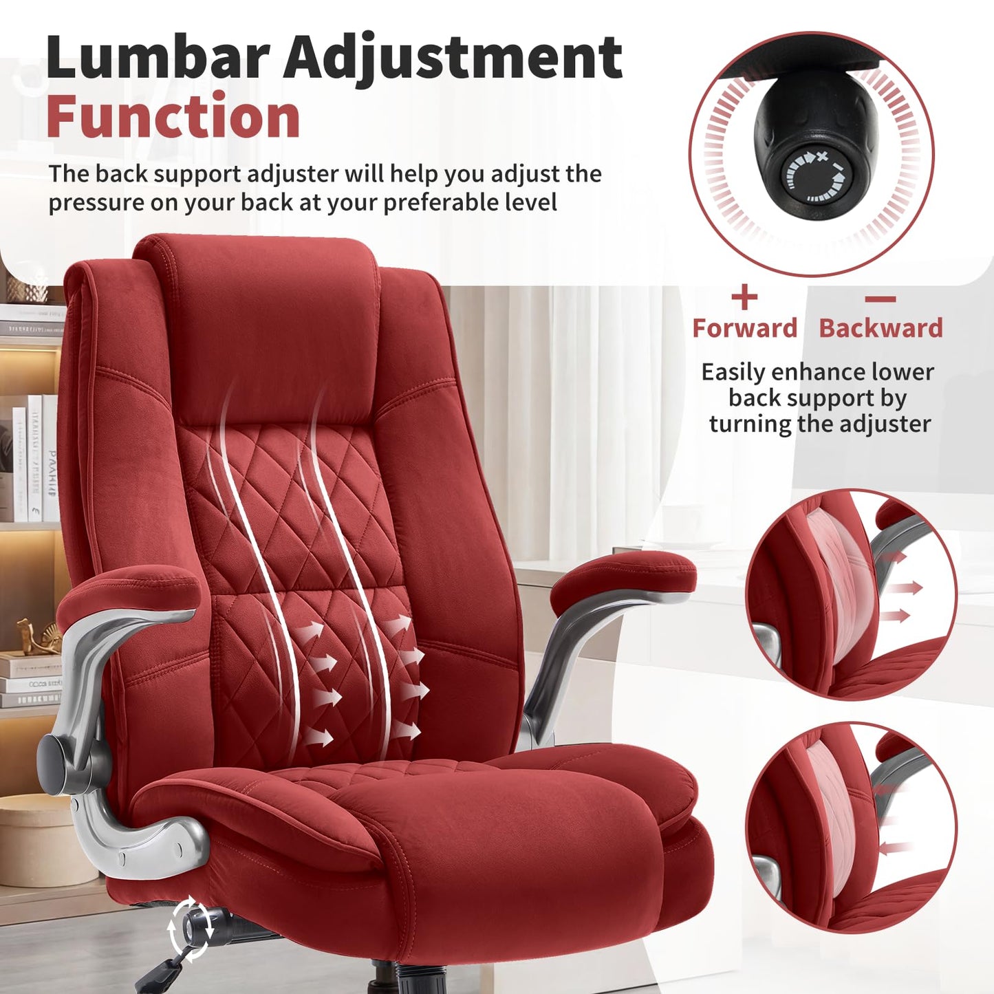 Fabric High Back Office Chair with Lockable Quiet Casters, Thick Padded Ergonomic Computer Chair- Adjustable Lumbar Support & Flip-Up Arms, Wide Executive Desk Chair for Back Pain, 400LBS Capacity