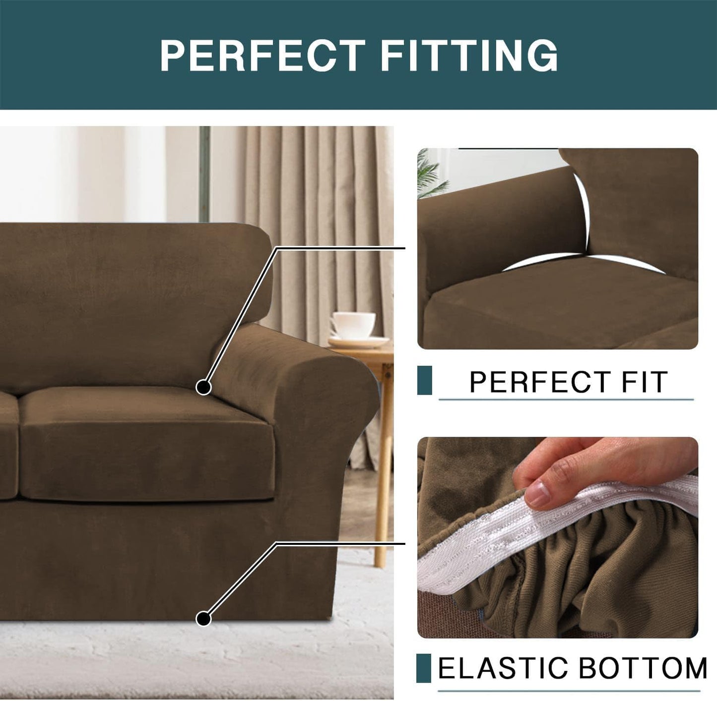FantasDecor 3 Piece Sofa Covers Velvet for 2 Cushion Couch Stretch Loveseat Slipcover with Individual Seat Elastic Furniture Protector for Pets (Loveseat, Bronze Brown)