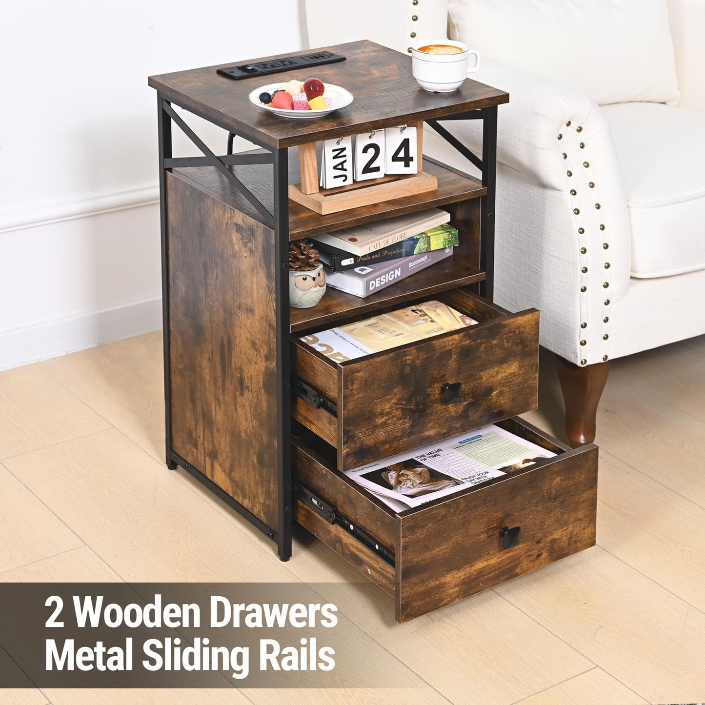 Livofloral LED Nightstand with Charging Station and Wood Drawers, Side Tables Living Room with Outlets, Farmhouse End Table with Storage, Bedside Table for Bedroom with LED Light, Brown