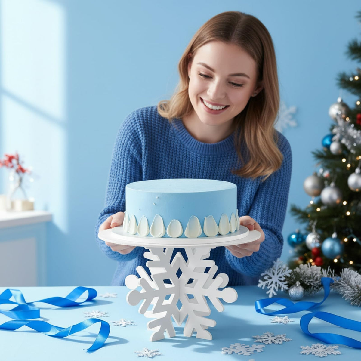 Lallisa 12" Snowflake Frozen Cake Stand White 3D Snowflake PVC Cake Decorations with Engraved Snow Themed Holder Winter Dessert Stand Centerpieces for Frozen Winter Birthday Party Supplies