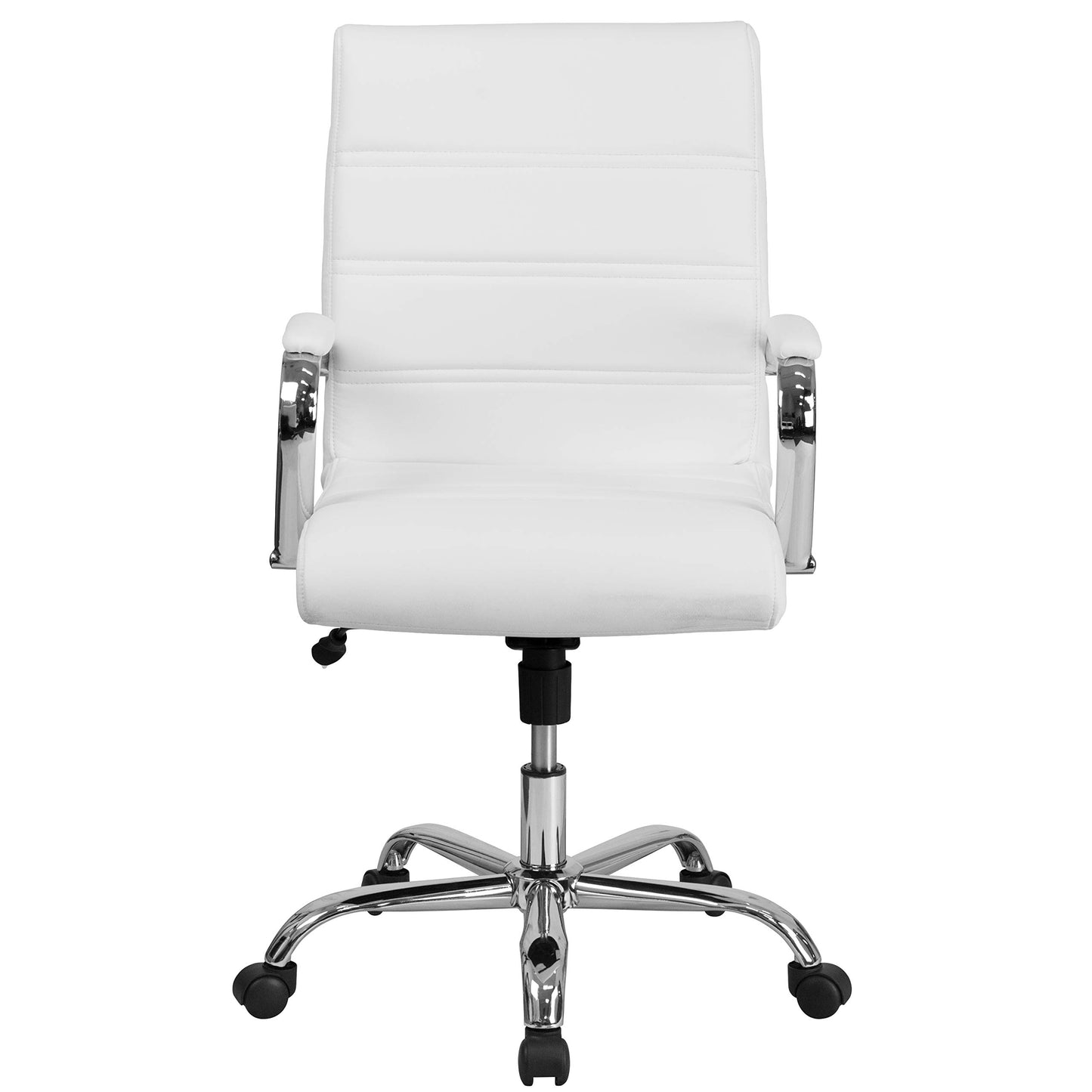 Flash Furniture Whitney Mid-Back Swivel LeatherSoft Desk Chair with Padded Seat and Armrests, Adjustable Height Padded Office Chair, White/Chrome