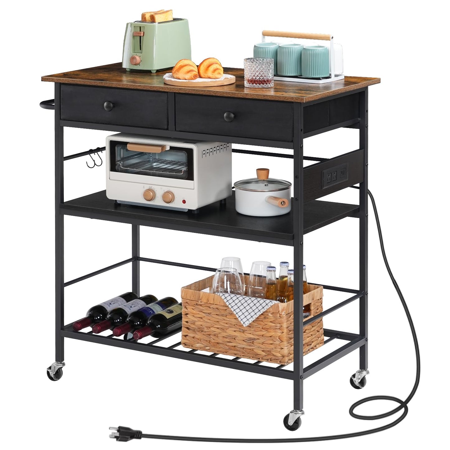 HOOBRO Kitchen Island with Storage, Rolling Island Cart for Kitchen with 2 Drawers & Outlet, 3 Tier Coffee Station and Microwave Stand, Kitchen Island Table for Home, Rustic Brown and Black FB08UZD01