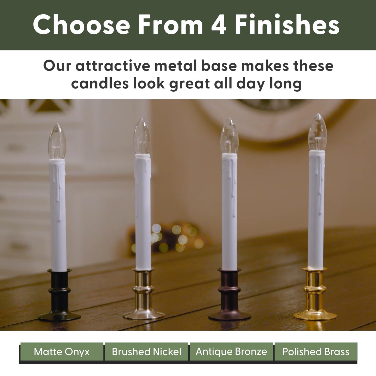612 Vermont Ultra-Bright LED Window Candles with Timer, Battery Operated, Metal Base, White Candlestick, Adjustable Height (Pack of 4, Antique Bronze)