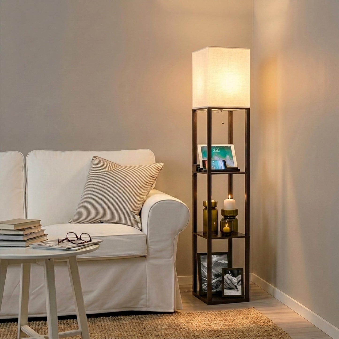 Brightech Maxwell Charger - Modern Shelf Floor Lamp with USB Charging Ports & Electric Outlet - Corner Display Floor Lamps with Shelves for Living Room, Bedroom and Office - Black