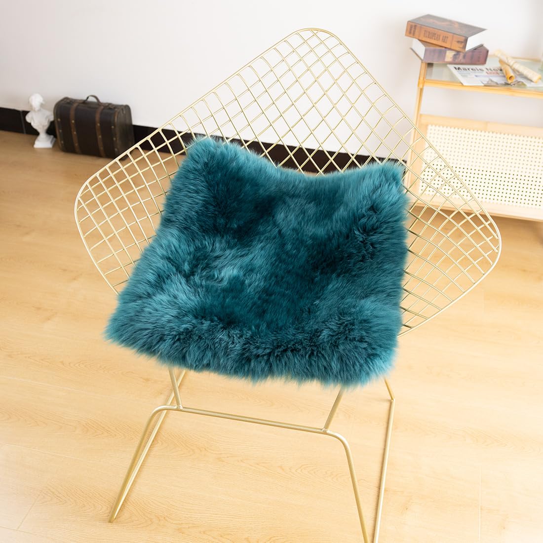 LLB Sheepskin Chair Covers Office Chair Cushion Dining Room Chair Pads Desk Chair Seat Cushion for Computer Chair Fur Area Rugs for Living Room 18x18 Inch (Pack of 1), Peacock Blue