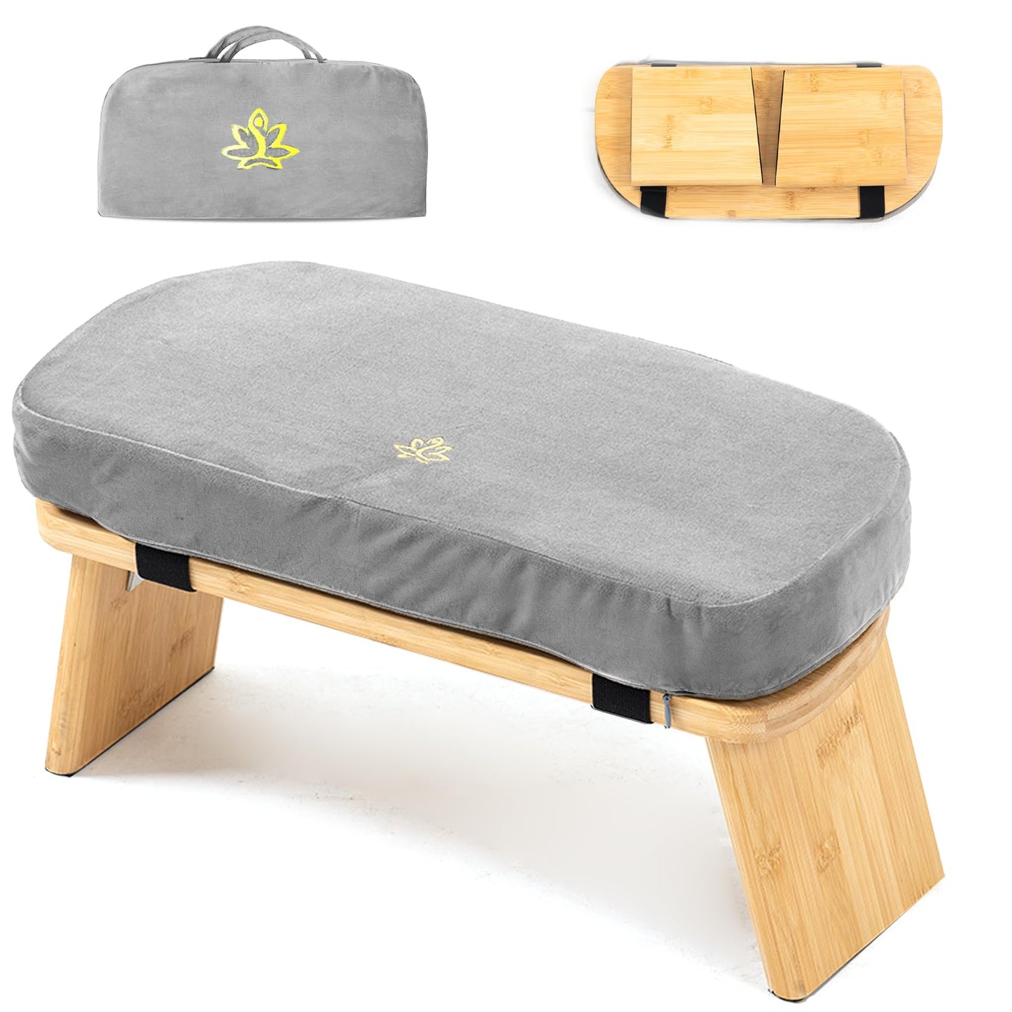 Estleys Meditation Bench, Bamboo Meditation Stool, Folding Kneeling Meditation Bench, Seiza Prayer Bench, Prayer Bench with Meditation Cushion, Kneeling Stool(Grey-Bag)