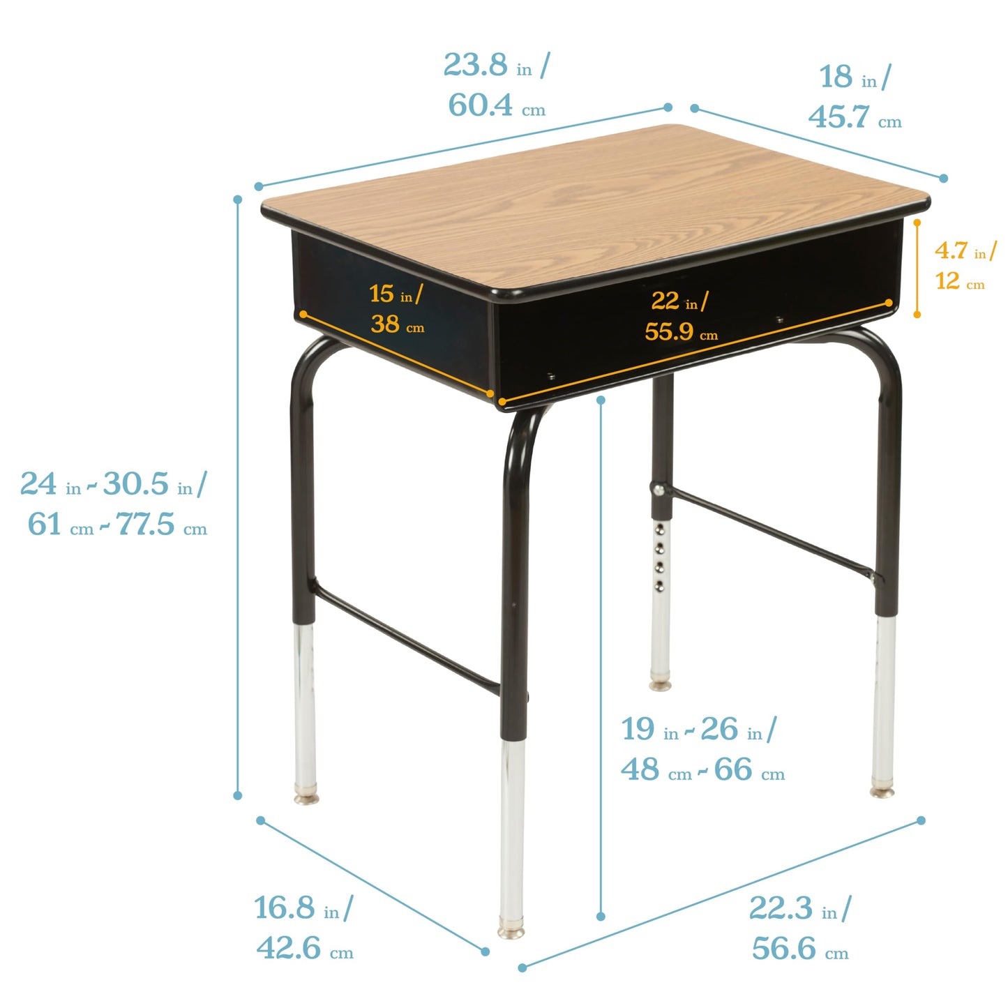 ECR4Kids Open Front Desk with Metal Storage Book Box, Adjustable, Classroom Furniture, Oak