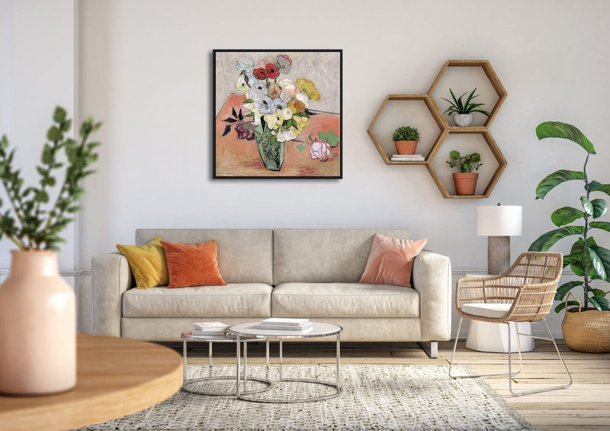 Wieco Art Framed Wall Art Japanese Vase with Roses and Anemones by Vincent Van Gogh Oil Paintings Reproduction Artwork Flowers on Canvas Wall Art for Home and office Decorations