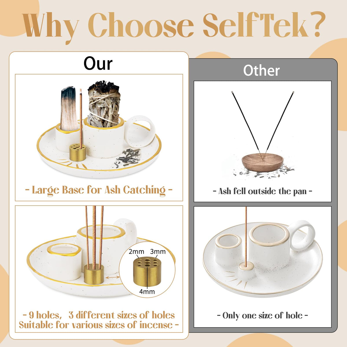 SelfTek 5 in 1 Incense Holder for Sticks, Ceramic Incense Burner Holder and Ash Catcher Tray, Palo Santo Holder - 9 Incense Holes for Candle, Sage Holder for Burning for Meditation Yoga Room (White)