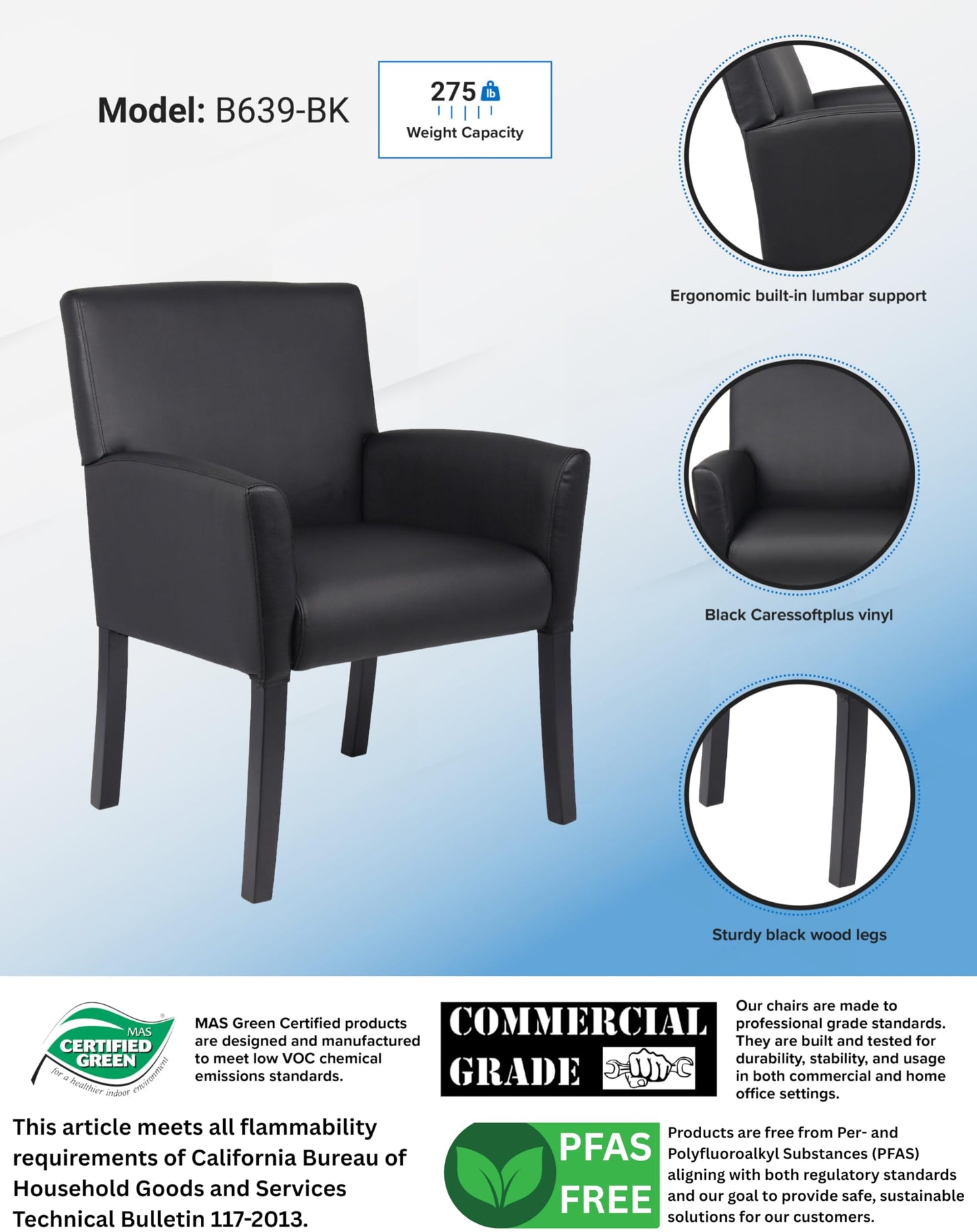 Boss Office Products Executive Box Arm Chair with Mahogany Finish in Black, 25.5" D x 24.5" W x 35.5" H