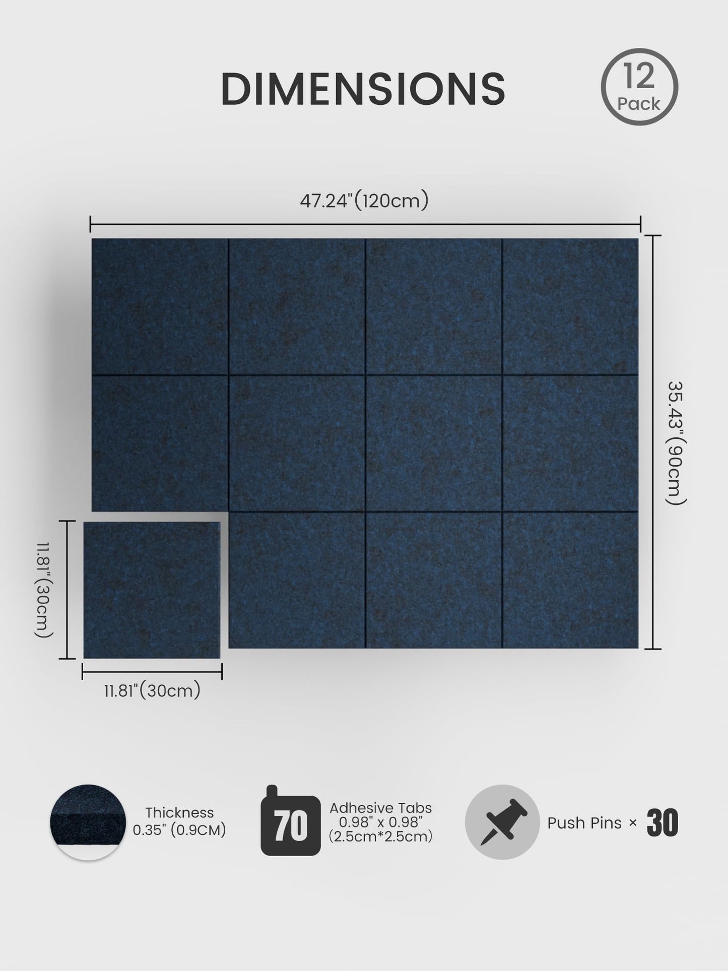 Bumusty Large Cork Board 48" x 36" Alternative - 12 Pack Felt Wall Tiles with 70 Safe Removable Adhesive Tabs, 30 Pushpins, Cork Boards for Walls Pin Board Bulletin Board Office Decor (Carbon Blue)