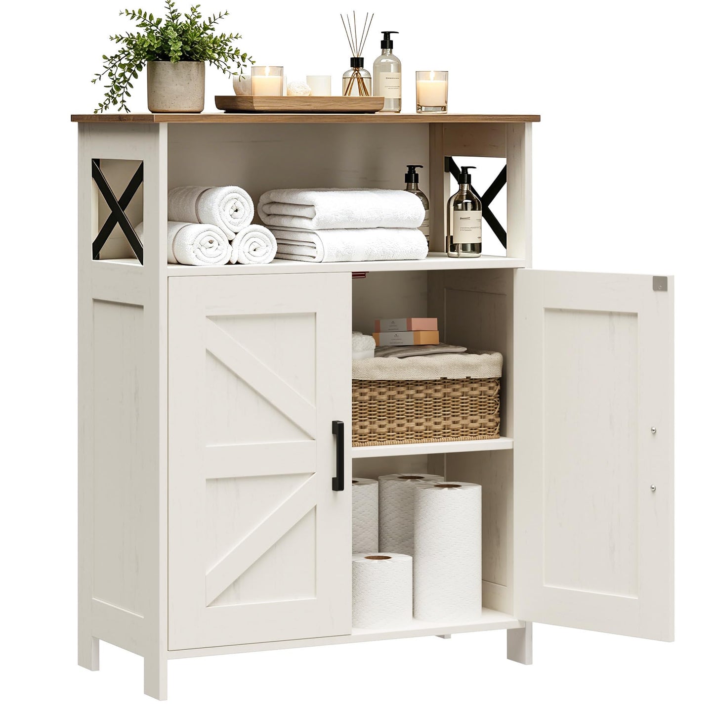 Homhedy Farmhouse Bathroom Storage Cabinet with 2 Doors, Toilet Paper Cabinet with Adjustable Shelf, Small Bathroom Cabinet for Laundry/Living Room, 11.8 x 23.6 x 31.5 Inches, Rustic White and Brown