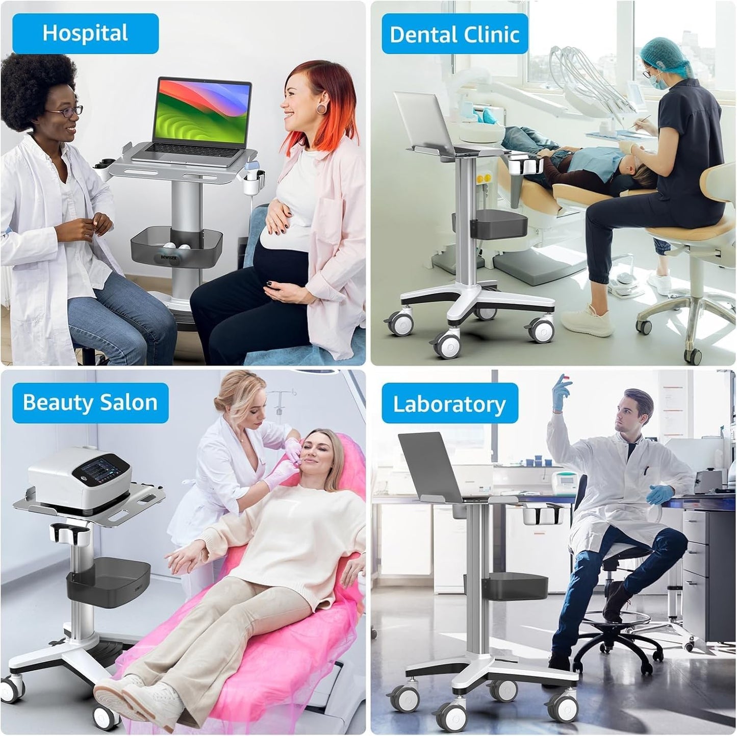 BEWISER Medical Trolley Laptop Cart with Oral Scanner Holder, Mobile Workstation on Lockable Wheels, Ultrasound Scanner Storage Cart for Hospital Dental Clinic, Salon and Labs