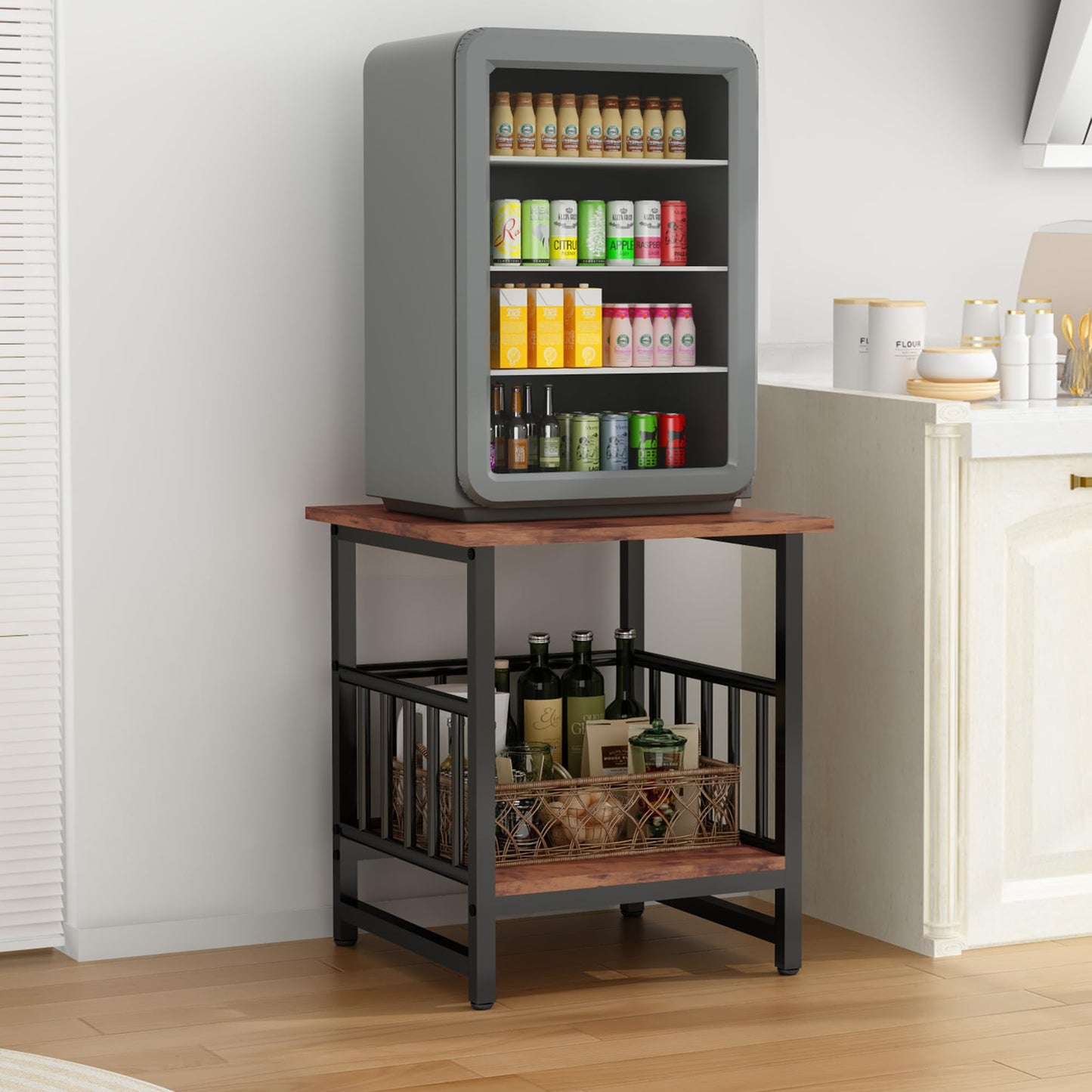 End Table, Industrial Side Table with 2-Tire Storage Shelf, 180LBS Mini Fridge Stand with Adjustable Feet, 18"x18" Wood Night Stand Small Bedside Table with Sturdy Metal Frame for Living Room Bedroom