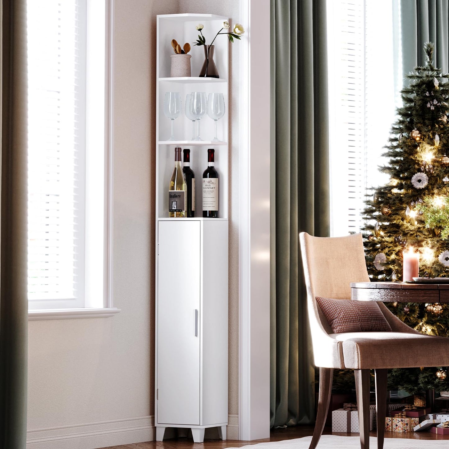 MOHOPE Corner Shelf with Cabinet, 74.8" Tall Corner Cabinet with Door, 5-Tier Narrow Bookshelf with Adjustable Shelves, Display Cabinets for Living Room, Bathroom, Dining Room, Small Space, White