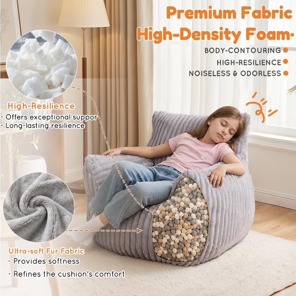 MaxiBean Bean Bag Chair - Plush Faux Fur Floor Seating Furniture Bean Bag Chair for Living Room, Bedroom, Playroom (2.5FT Stripe Grey)