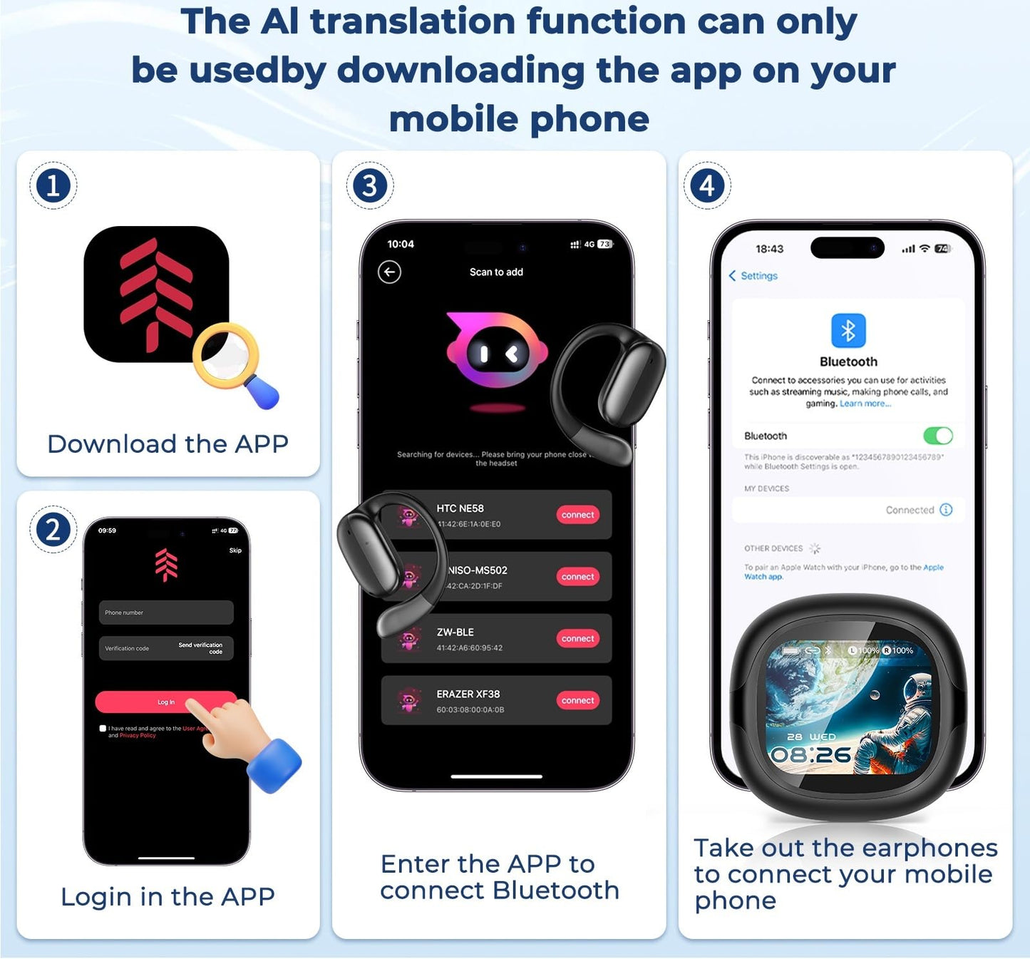 NE58 AI Translation Earbuds Real Time, 134 Language Translator Wireless Bluetooth 6.0 Open Ear Earbuds, LED Touch Screen, Noise Cancelling Translate Ear Buds for Travel & Business Meetings (Black)