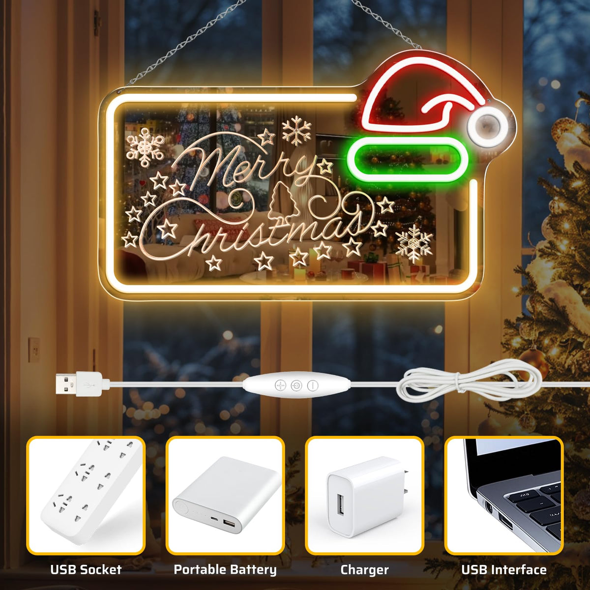 16.5 x 10’’ Mirror Merry Christmas Neon Sign, Carving LED Sign with Santa Hat, USB Powered Dimmable Switch for Xmas Party Kids Bedroom Bar Pub Club-Christmas Gift Decorations