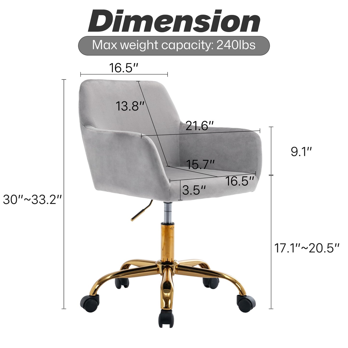 KCC Velvet Office Desk Chair, Comfy Swivel Modern Leisure Armchair with Wheels, Upholstered Comfy Velvet Fabric Makeup Chair Height Adjustable for Teens Women Girls Elegant Home Office, Gray
