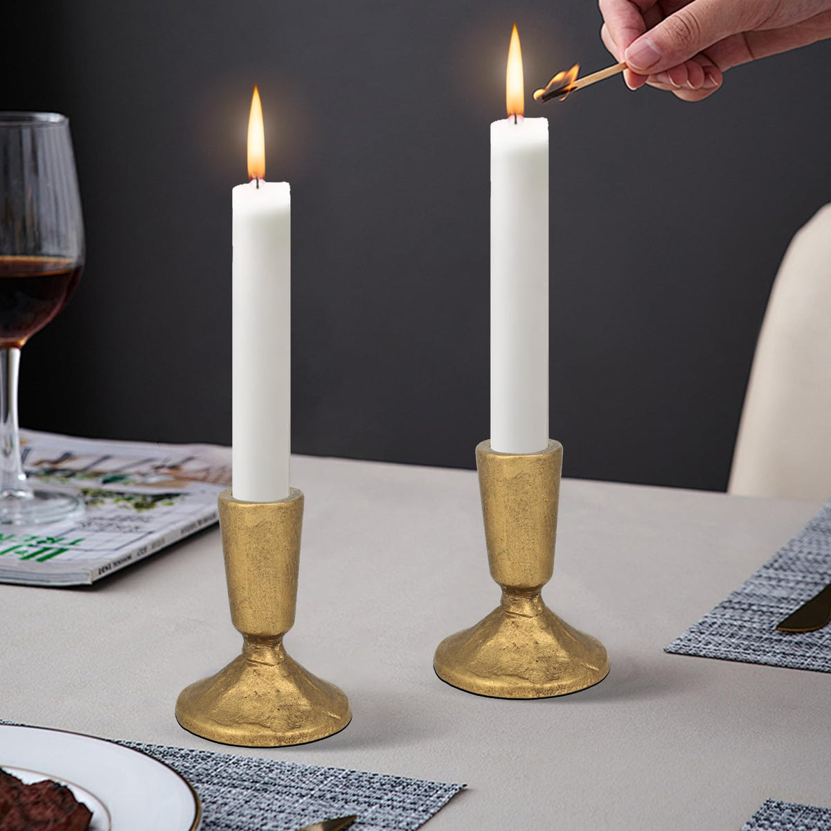 Mofunci Iron Taper Candle Holder Set of 2, Heavy Candle Stick Holders Gold Candle Holders for Table Centerpiece, Weddings, Mantel and Party Decor