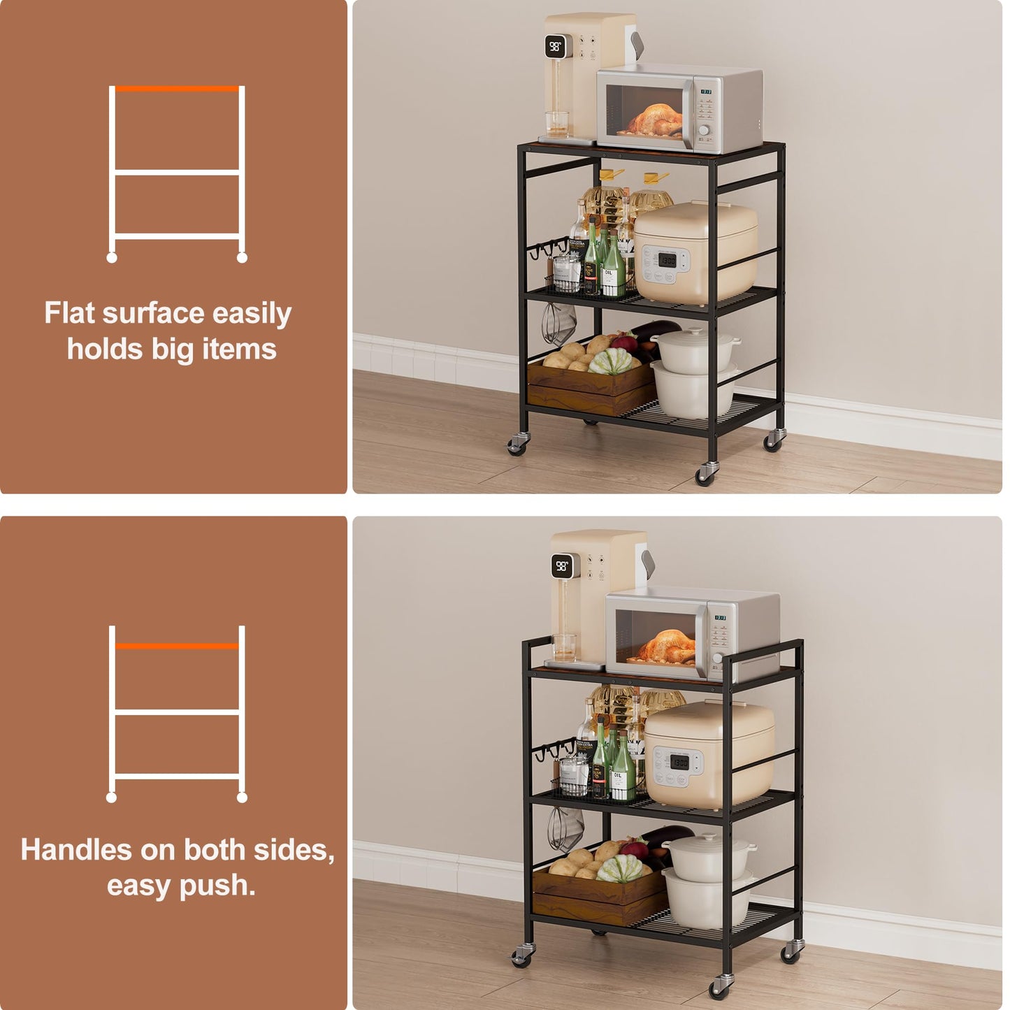 XIVIRACK 3-Tier Kitchen Cart with Adjustable Shelves - Microwave Storage Cart & Utility Rolling Organizer, Industrial Wheels for Small Spaces, 15.7"x23.6"x33.7" Kitchen Office Living Room Metal Rack