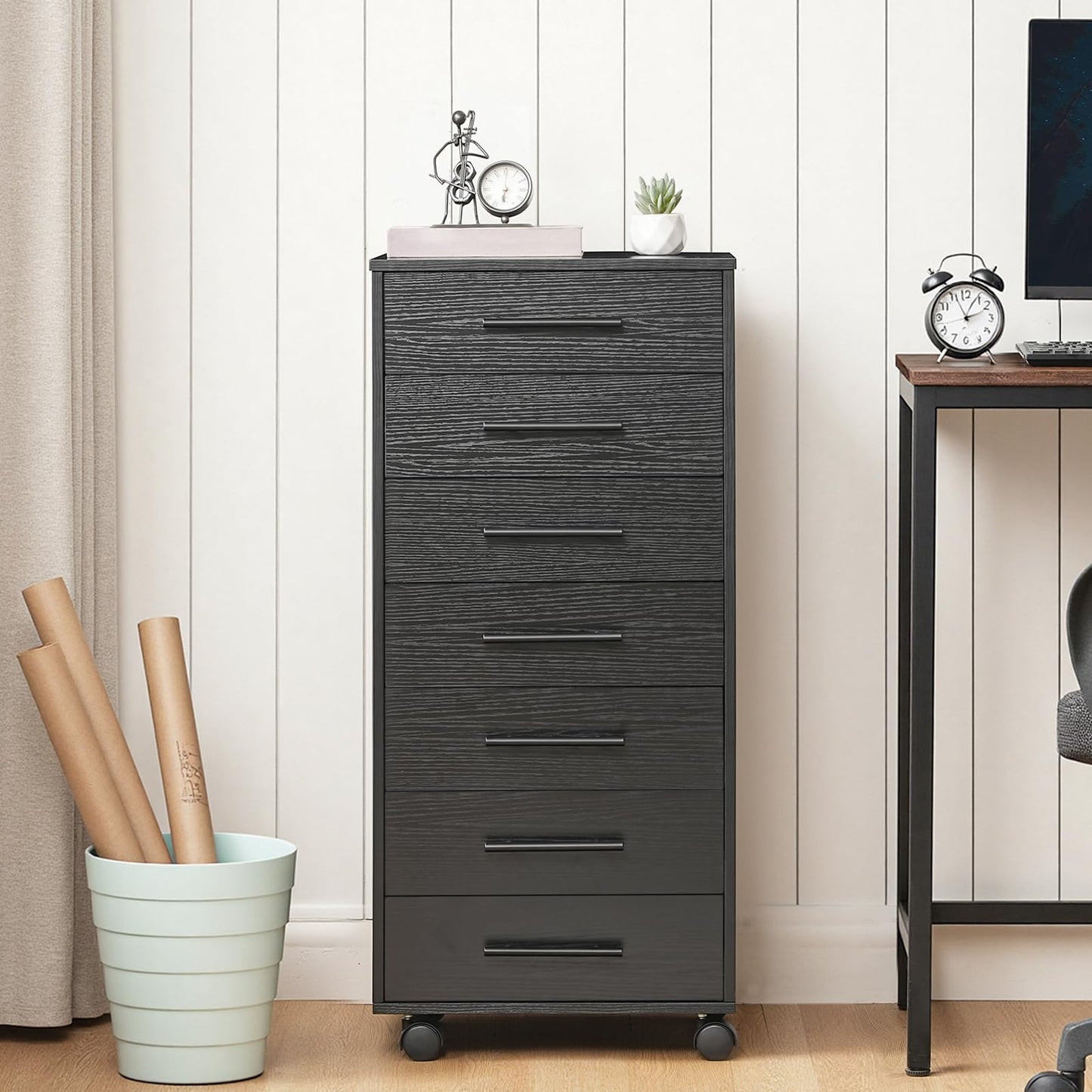 HOOBRO 7-Drawer File Cabinet, Wooden Office Cabinet with Drawers, Mobile Storage Cabinet, for Home Office, Study, Easy Assembly, Black BK07WJ01