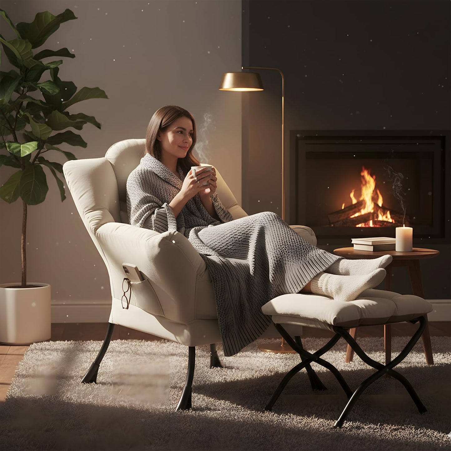 Furlide Lazy Chair with Ottoman, Comfy Fabric Accent Lounge Arm Chair with Lumbar Pillow and Folding Footrest, Reading Leisure Sofa Chair for Bedroom, Living Room, Dorm,Beige