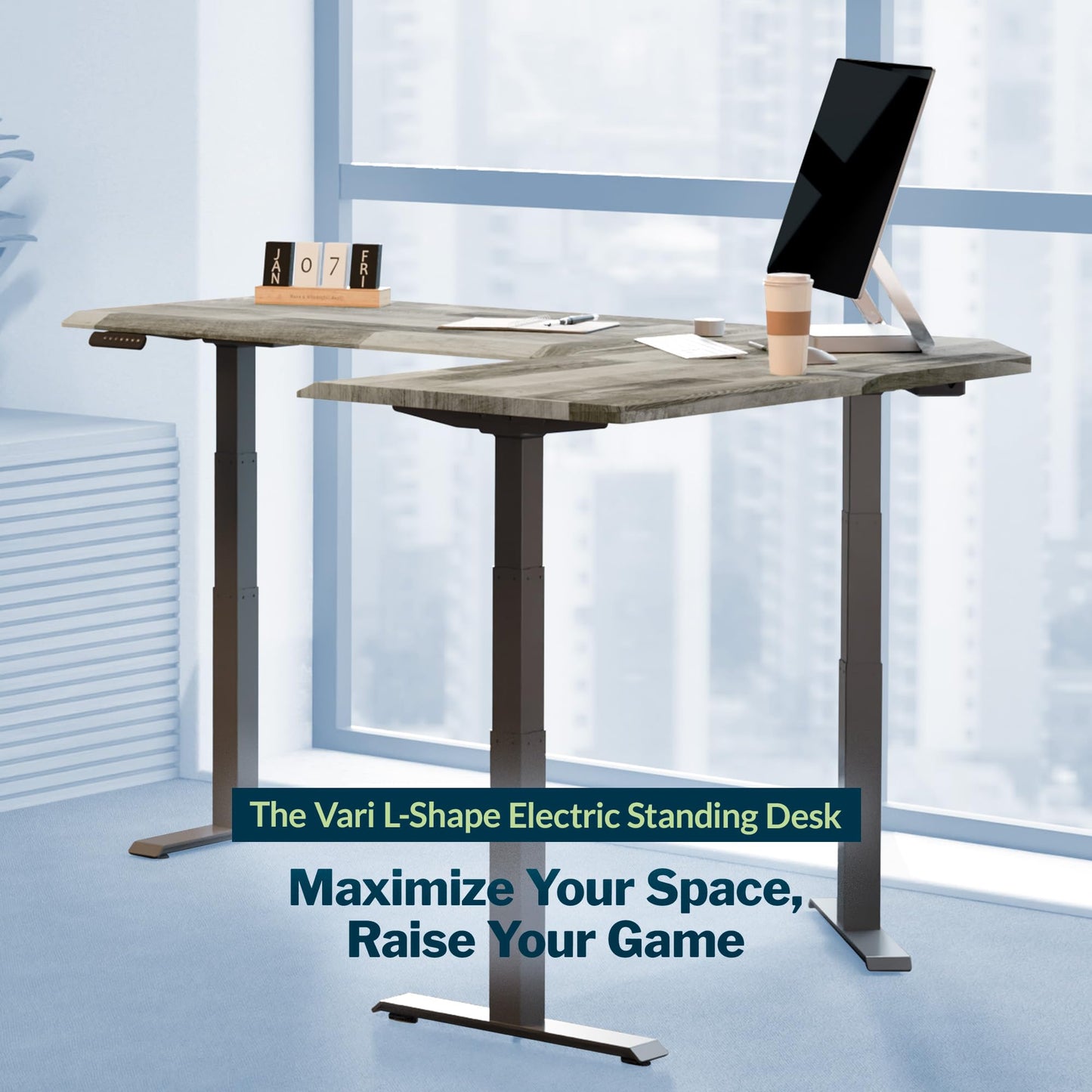Vari ComfortEdge 80x60 L-Shape Electric Standing Desk – Height Adjustable Sit-Stand VariDesk for Corner Office with Reversible Left/Right Design + Driftwood/Slate Legs (Ships in 3 Boxes)