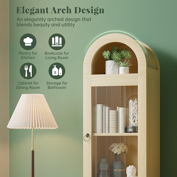 71" Tall Arched Cabinet with Acrylic Door, Modern Curio Arched Bookcase with