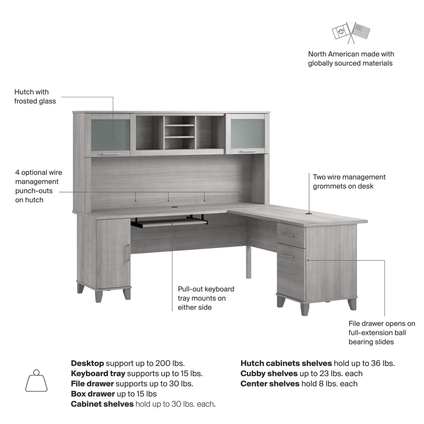 Bush Furniture Somerset L Shaped Desk with Hutch in Platinum Gray | Corner Computer Table with Drawers, Cabinets and Pullout Keyboard/Laptop Tray for Home Office